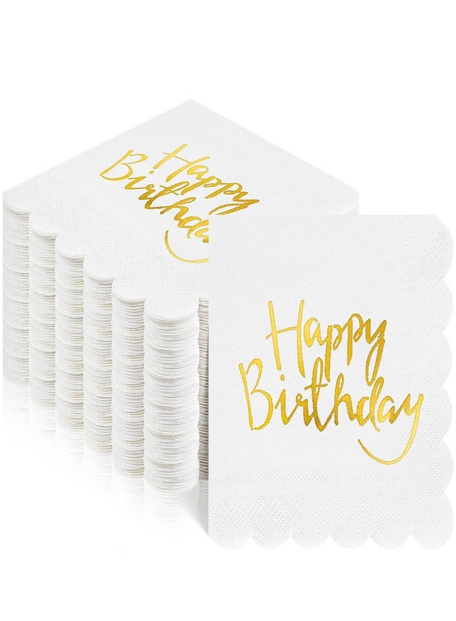 MEINV 100 Happy Birthday Napkins - Disposable Scalloped Gold Foil Birthday Cocktail Napkins, 3-Ply Golden and White Dinner Paper Napkin for Men Women Birthdays Party Decorative Supplies (Gold) - Image 1